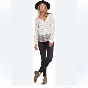 *Roxy V-Neck White Boho Print Tie Back Long Sleeve Flowy Blouse #Gr